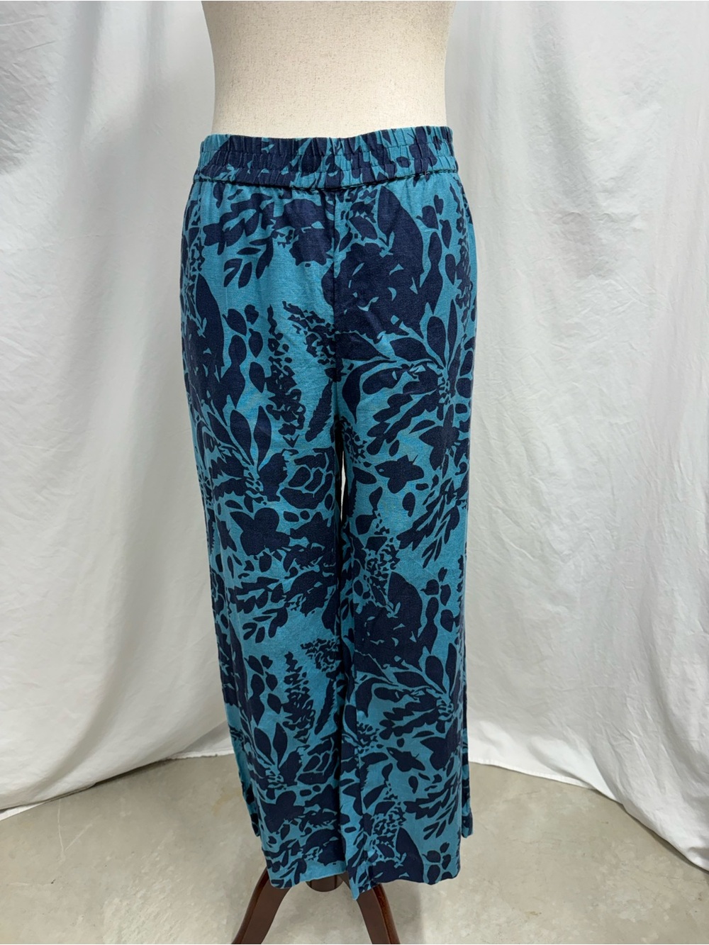 Soft Surroundings Teal and Navy Floral Wide-Leg Pants 100% Linen